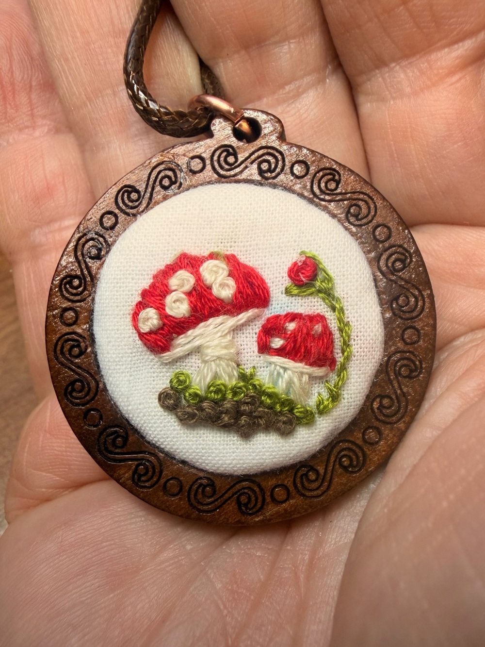 Woodland Mushrooms Embroidered Pendant | Hand Embroidered Necklace Original
